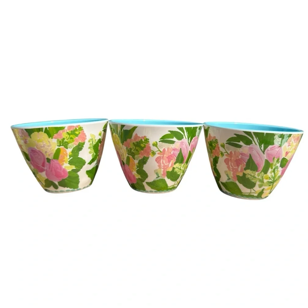 Anthropologie Pink Green Blue Floral Ceramic Bowls - Set of 3